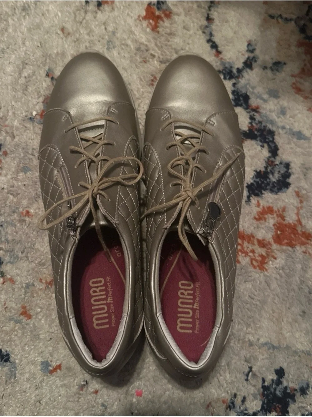 Munro Quilted Lace-Up Sneakers in Metallic Taupe with Maroon Insole Womens 10.5